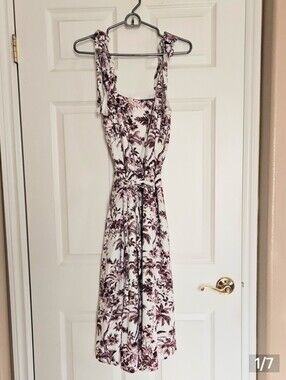 White and Burgundy Floral Print Tie-Shoulder Midi Dress